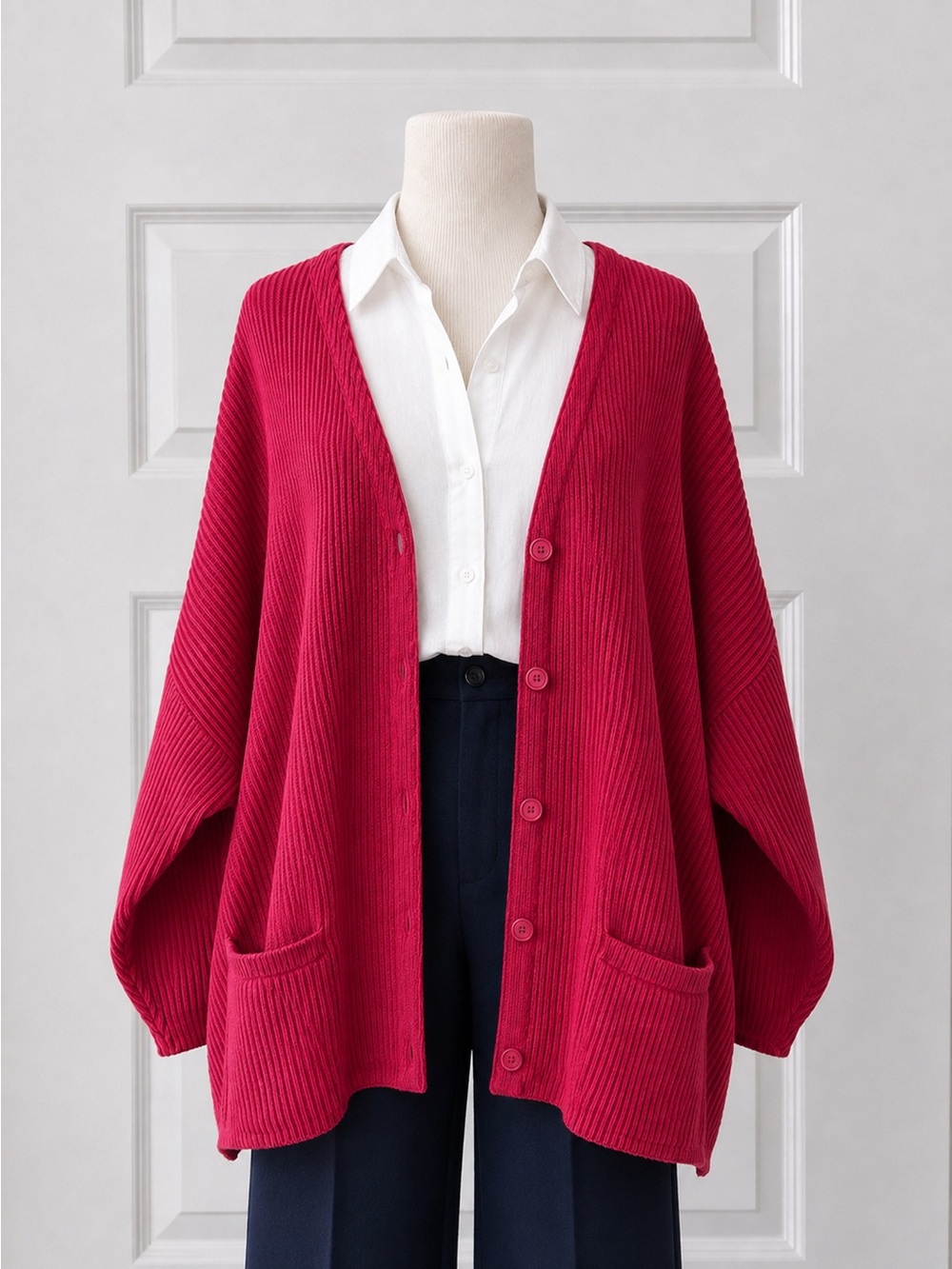 Vintage 90s Esprit Essentials Oversized Red Cotton Ribbed Cardigan Sweater L